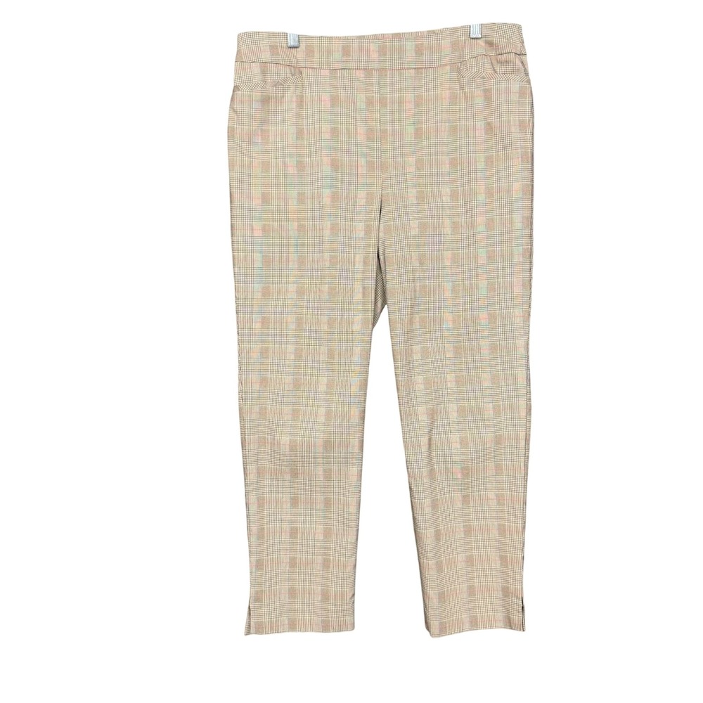 Chicos Pants 2.5 Womens 14 Tan Plaid‎ Pull On Ankle Stretch Career Slim Trousers